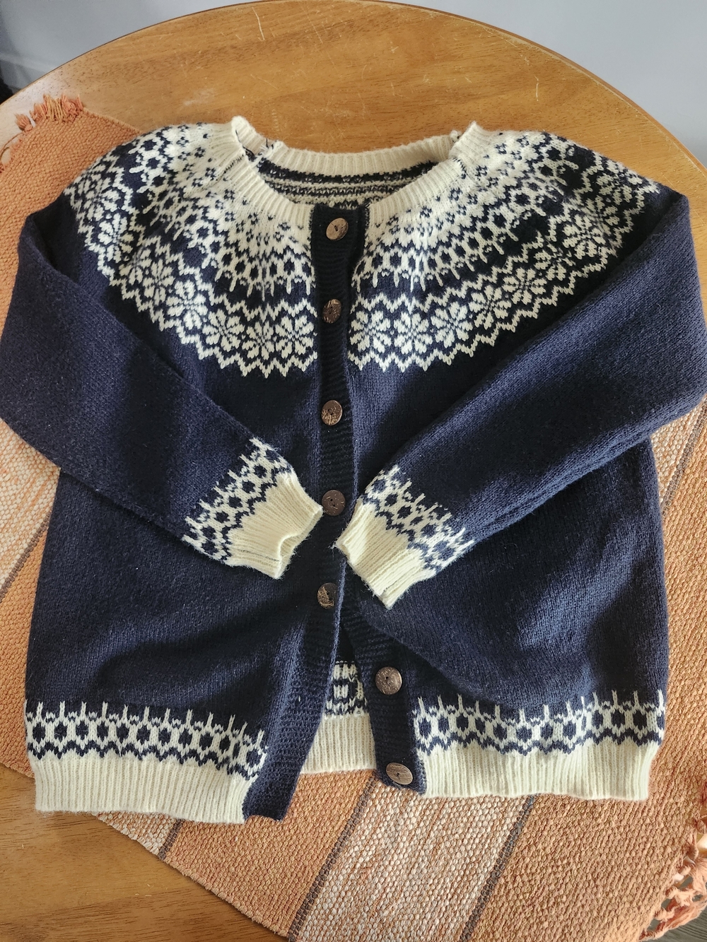 Classic Navy & Cream Nordic Button-Up Cardigan Wool Sweater, Fall